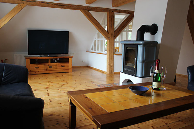 Appartement IV - Wohnraum mit Couchecke, Kamin und TV