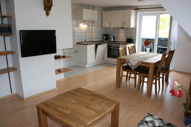 Wohnraum mit Küche, Ess- & Sitzplatz sowie TV
